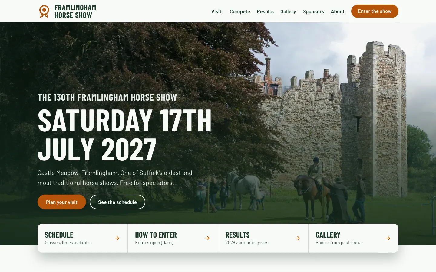 Framlingham Horse Show homepage: riders and horses in front of Framlingham Castle, blurred while it is in build.