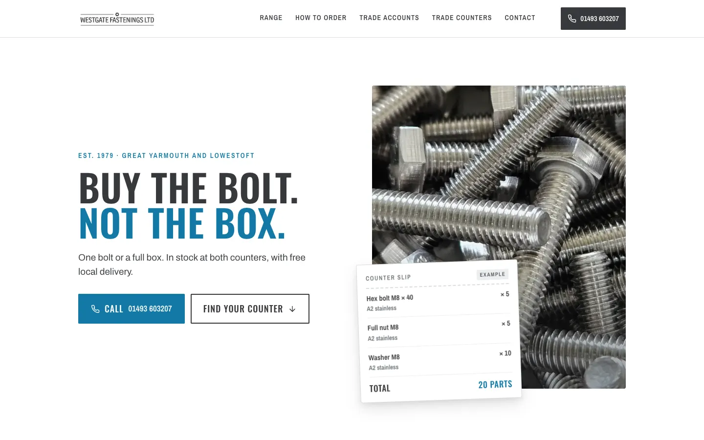 Westgate Fastenings homepage: the headline Buy the bolt. Not the box. beside a photo of stainless steel bolts.
